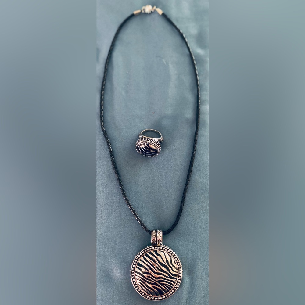 Silver and Black Zebra Print Pendant Necklace and Ring Set
